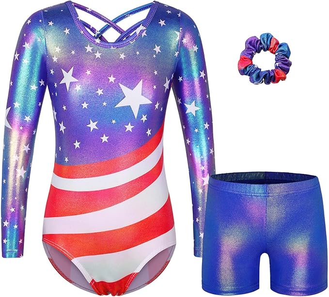 BAOHULU Gymnastics Leotards for Girls Long Sleeve Sparkly Cute Pattern Dance Outfit with Matching Shorts Set