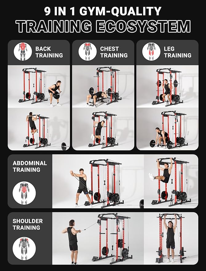 YOLEO Smooth Dual Pulley System Power Cage, 1700LBS Adjustable Cable Crossover Power Rack, Multi-Functional Squat Rack for Home Gym
