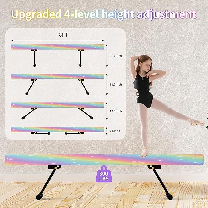 EL&IT·Wings 6ft/8ft Gymnastic Balance Beam, Adjustable High and Low Level Floor Beam - Highly Stable - Gym Practice Training Equipment for Kids Children Girls Home