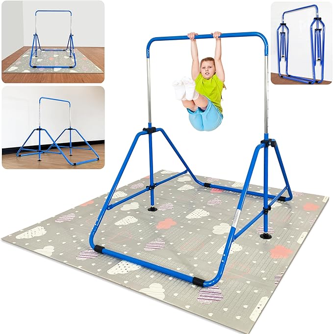 MARFULA Foldable Gymnastic Bar for Kids Ages 3-12, 9 Height Levels, 200 lbs Weight Capacity, 5 Ft Length Gymnastic Kip Bar with Mat, Gymnastic Equipment for Home and Gym Center Indoor Outdoor Use