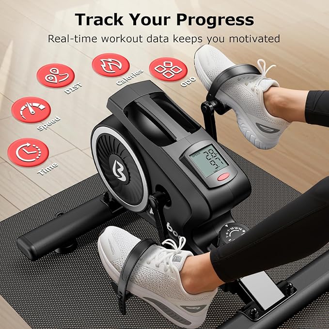 pooboo Under Desk Bike Pedal Exerciser, Quiet Magnetic Mini Exercise Bike with 16 Resistance Levels, Arm & Leg Workout, Resistance Bands & Non-Slip Mat for Home Office Therapy