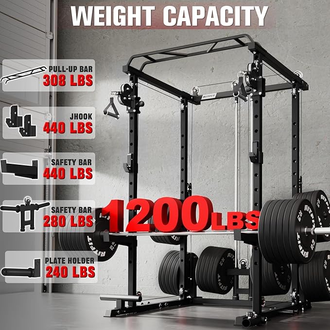 RitFit Upgraded PPC-P3 Power Cage, 3-in-1 Home Gym with Aluminum Pulley System, 1200LBS Capacity, Includes LAT Pulldown, Landmine, J-Hooks & 20+ Attachments, Fits Compact Spaces Black Red