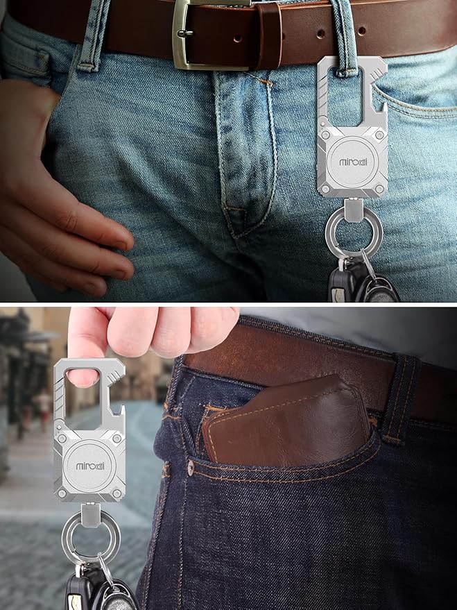 Miroddi Keychain Tracker, Men's Key Chain Works with Find My(iOS Only), Heavy Duty Keychain Carabiner Bottle Opener, Car Key Chains with Finder, Anti-lost Keyrings Tracker, Rechargeable, Silver