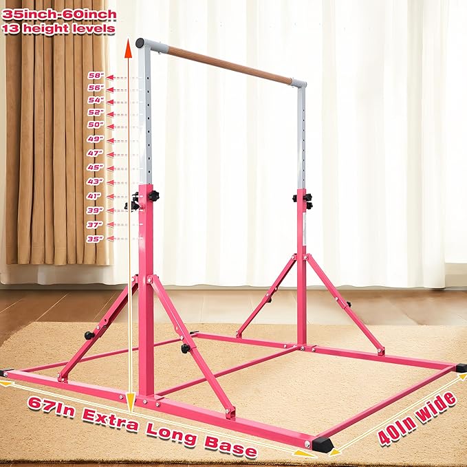 PreGymnastic Foldable Gymnastics Bar, 5.6FT Folding Horizontal Bars for Kids Ages 3-12, Weight Limit 350 LBS, Adjustable kip Bar, Children Home Gym Equipment Indoor