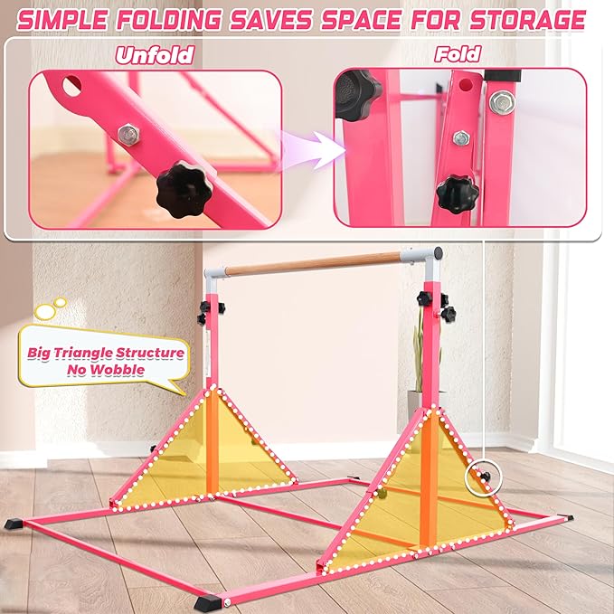 PreGymnastic Foldable Gymnastics Bar, 5.6FT Folding Horizontal Bars for Kids Ages 3-12, Weight Limit 350 LBS, Adjustable kip Bar, Children Home Gym Equipment Indoor