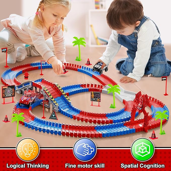 Spider Race Track Toy for Boys 4-6, Race Car Set with 2 Spider Cars, DIY Flexible Tracks Playset, Toddler STEM Building Toys for Girls, Christmas, Birthday Gift for Kids Ages 3+