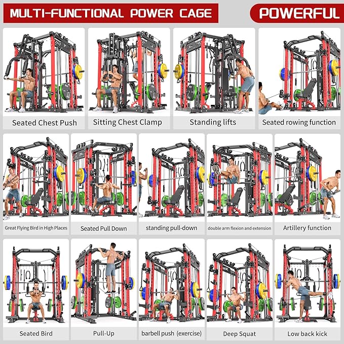 Smith Machine, Multi-Purpose Strength Power Cage with Cable Crossover System and More Training Accessories,Squat Rack Power Rack，Suitable for Home Gyms