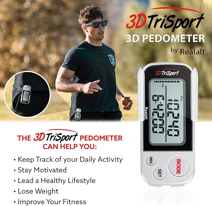 Realalt 3DTriSport Walking 3D Pedometer with Clip & Strap, eBook Included 30 Days Memory Accurate Step Counter, Walking Distance Miles/Km, Calorie Counter, Daily Exercise Time Monitor