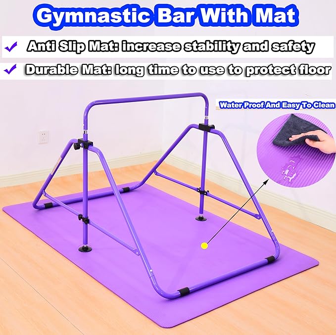 MARFULA Foldable Gymnastic Bar for Kids Ages 3-12, 9 Height Levels, 200 lbs Weight Capacity, 5 Ft Length Gymnastic Kip Bar with Mat, Gymnastic Equipment for Home and Gym Center Indoor Outdoor Use