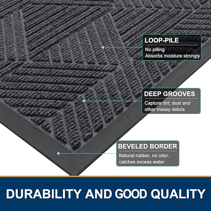 Smiry Front Door Mat Outside Entrance, Heavy Duty Sturdy Natural Rubber Doormat, Trap Dirt and Moisture, Easy Clean Low Profile Mats for Indoor Outdoor Entry, Irregular Triangle (71x24, Medium Grey)