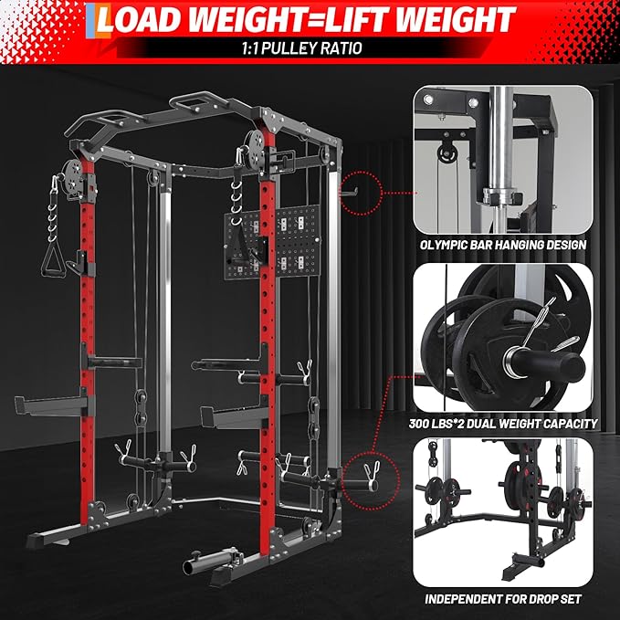 Power Cage, Multi-Function Squat Rack with Dual Independent Pulley System, 2000 LB Capacity Workout Cage with Adjustable Cable Crossover System and Training Attachment for Home Gym