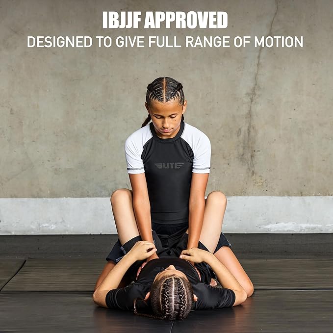Elite Sports Kids Jiu Jitsu BJJ Rash Guard, Short Half Sleeve Compression Shirt for Youth Boys Girls Sports Nogi Training