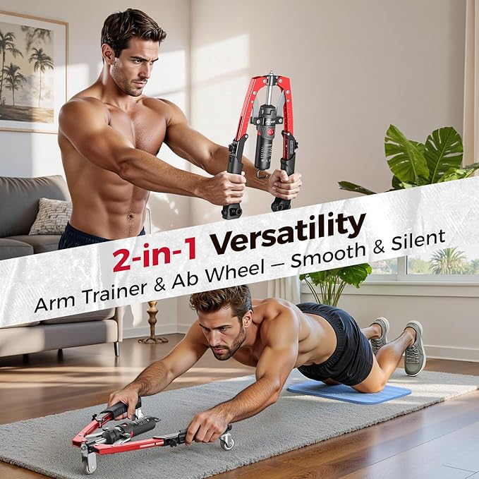 FLYBIRD Chest & Arm Twister & Core Trainer, Hydraulic Power CoreFlex Twister Chest Workout Equipment, 22-440lbs for Strength Trainer, 3-in-1 Chest Trainer with Ab Roller Wheel(Backpack &Pad Included)