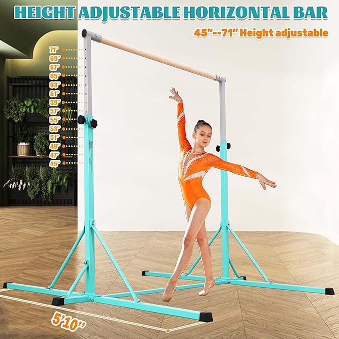 Gymnastics Bar, 5'10” Base length 45" to 71" Adjustable Horizontal Bar for Serious Training, 500 LBS Capacity, Professional Home Gym Equipment with Competition-Grade Beech-covered Fiberglass Bar