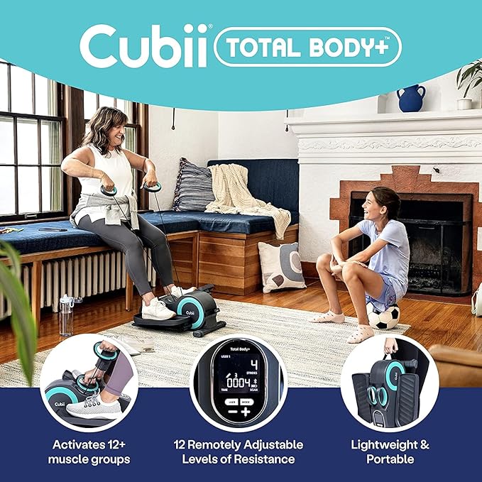 Cubii Total Body - Under Desk Seated Elliptical Pedal Exerciser with Built in Upper Body Resistance Bands, 12 Levels of Resistance, LCD Display, Whisper Quiet - Adult to Seniors