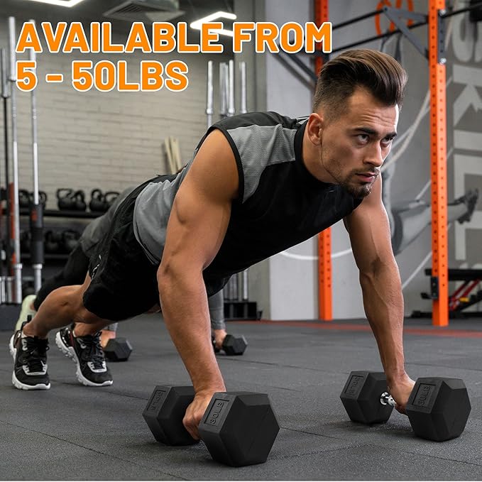 Fitvids 150 LB Rubber Coated Hex Dumbbell Set with Storage Rack, 5-25LB Hand Weight Set with Anti-Slip Grip for Home Gym
