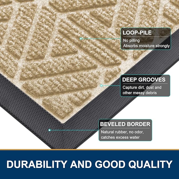 Smiry Front Door Mat Outside Entrance, Heavy Duty Sturdy Natural Rubber Doormat, Trap Dirt and Moisture, Easy Clean Low Profile Mats for Indoor Outdoor Entry, Grid Geometric (36x24, Beige)