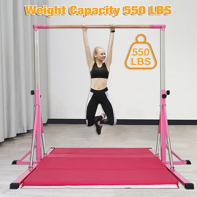 Gymnastics Bar for Kids Ages 3-15, 35" to 60" Adjustable Height, 4FT Wide Base - Professional Kip Bar with 360° Stability & Fiberglass Crossbar, Easy Fold&Solid Design for Home Training