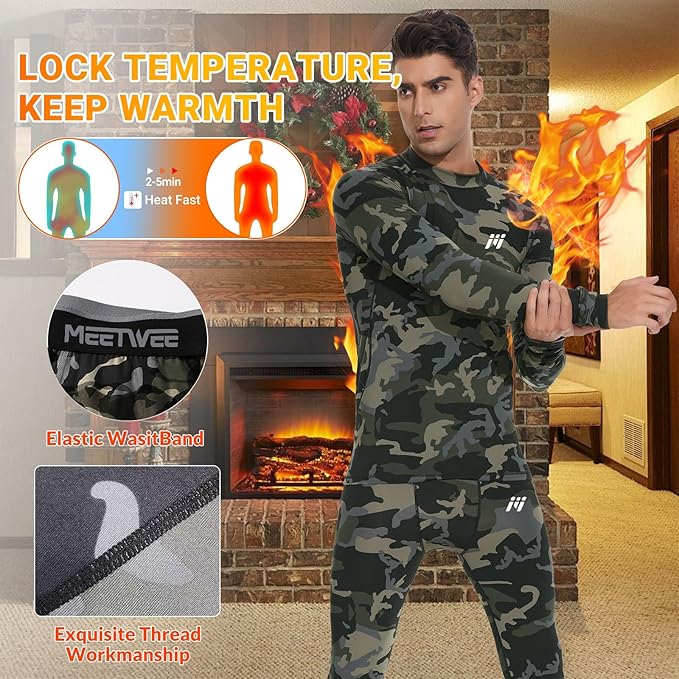 Men Thermal Underwear Set Long Johns with Fleece Lined Base Layer Men Cold Weather Top Bottom for Skiing Running
