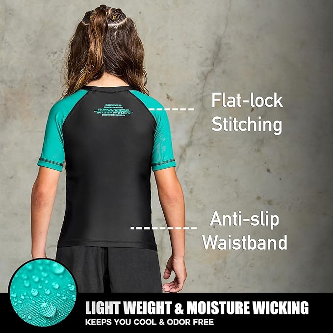 Elite Sports Kids Jiu Jitsu BJJ Rash Guard, Short Half Sleeve Compression Shirt for Youth Boys Girls Sports Nogi Training