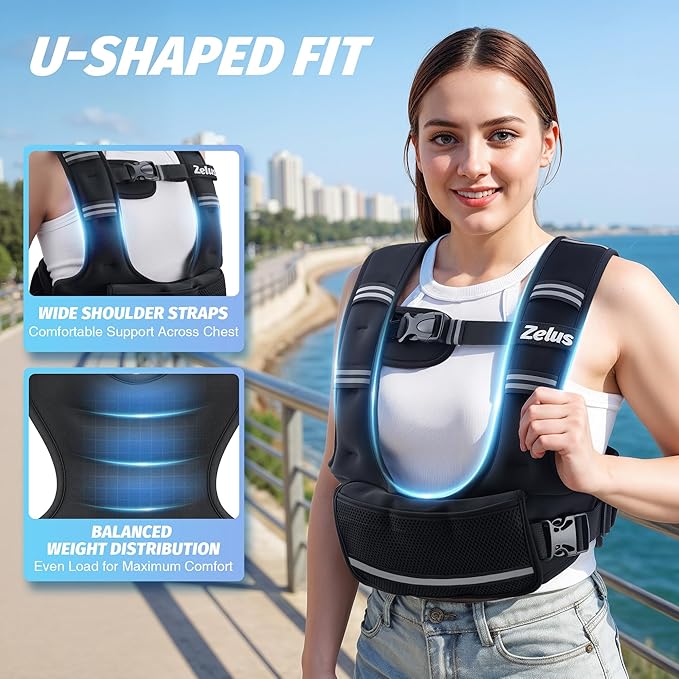ZELUS Weighted Vest for Women Men, 4-10lb/11-20lb/20-32lb Curve-Fit Ergonomic Design Adjustable Workout Vest with 6 Iron Sand Bags, SGS-Certified Rucking Vest for Strength Training & Cardio Workouts