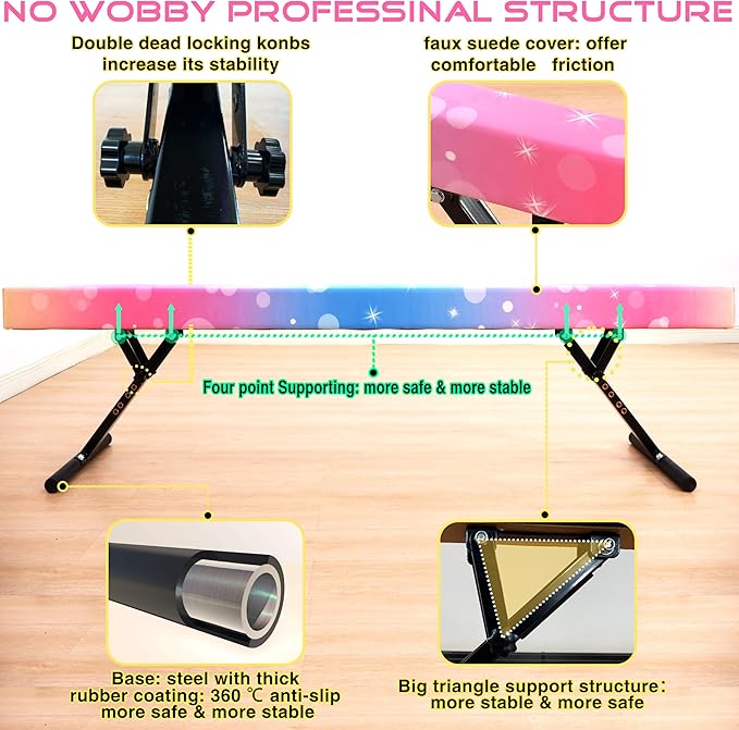 8 Ft Gymnastic Balance Beam with Adjustable Height From7 inch to 22 inch for Kids Children Home Practice, Adjustable Balance Beam with Leg, High and Low Floor Gymnatic Training Beam