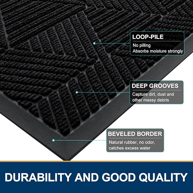 Smiry Front Door Mat Outside Entrance, Heavy Duty Sturdy Natural Rubber Doormat, Trap Dirt and Moisture, Easy Clean Low Profile Mats for Indoor Outdoor Entry, Irregular Triangle (36x24, Black)