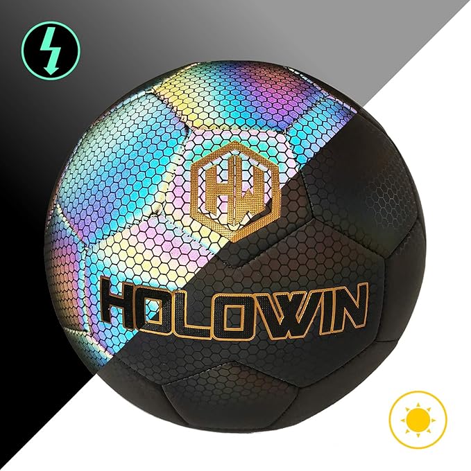 Holographic Luminous Soccer Ball for Night Games & Training Football Ball Glowing in The Dark Light Up Reflective with Camera Flash Reflects Light Gifts, & Men (Size 5, Black)