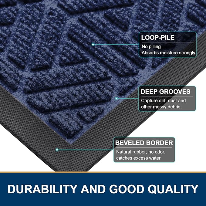 Smiry Front Door Mat Outside Entrance, Heavy Duty Sturdy Natural Rubber Doormat, Trap Dirt and Moisture, Easy Clean Low Profile Mats for Indoor Outdoor Entry, Grid Geometric (36x24, Navy Blue)