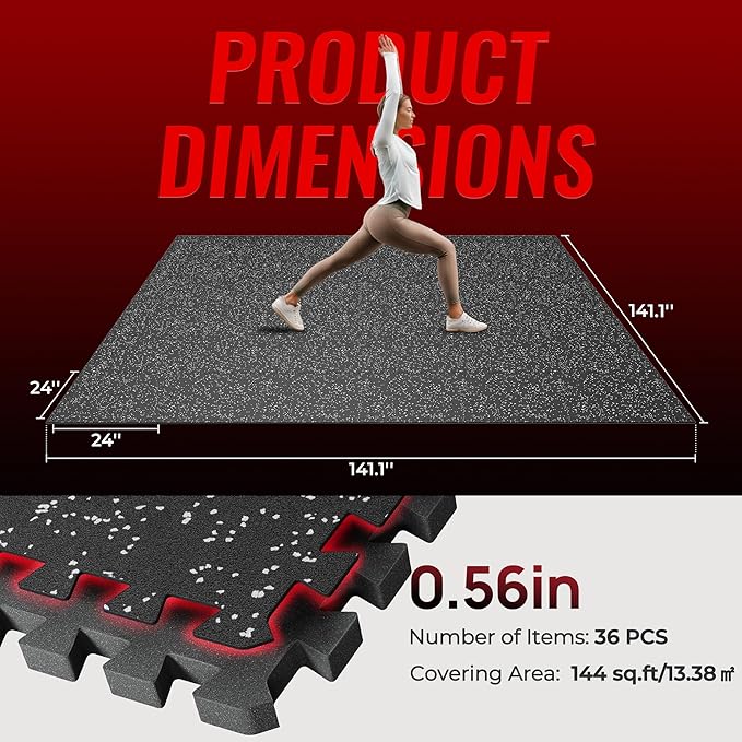 SUPERJARE 0.56'' Thick 36 Pcs 144 Sq Ft Rubber Top Exercise Equipment Mats, High Density EVA Foam Mats with Rubber Top, Interlocking Gym Flooring for Home Gym, Protective Workout Mat, Black/Grey