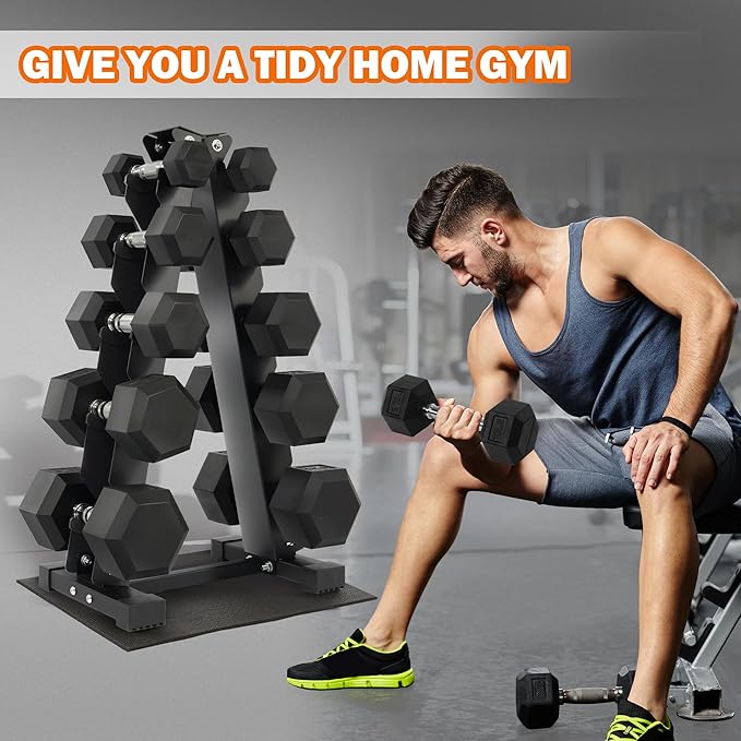 Fitvids 150 LB Rubber Coated Hex Dumbbell Set with Storage Rack, 5-25LB Hand Weight Set with Anti-Slip Grip for Home Gym