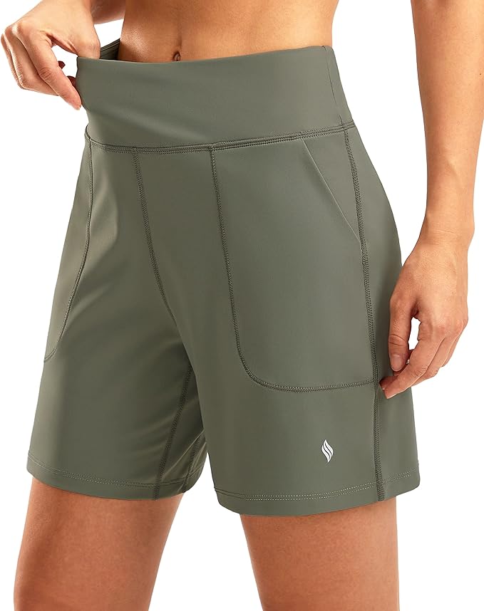 SANTINY Women's 6'' Athletic Long Shorts with 4 Pockets High Waisted Bermuda Shorts for Women Walking Running Casual