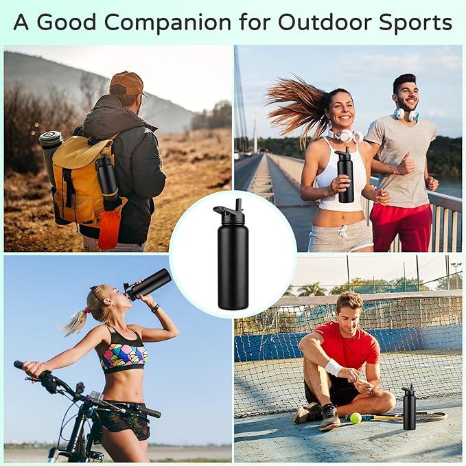 DOMICARE 40 oz Insulated Water Bottle Bulk, Vacuum Insulated Stainless Steel Sports Water Bottle with Straw Lid & Spout Lid, Leakproof, Reusable - Travel, Camping, Bike, Black (4 Pack)