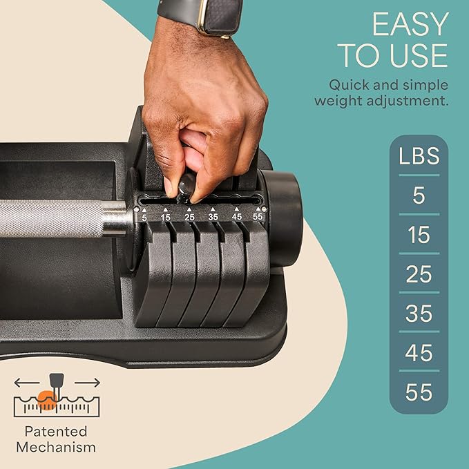 Lifepro Adjustable Dumbbells Set - 5in1-15lb 25lb 43lb 55lb weights Set & Single with Rack - Quick Adjust, Secure Grip - Compact Hand Weights for Men Women Home Gym