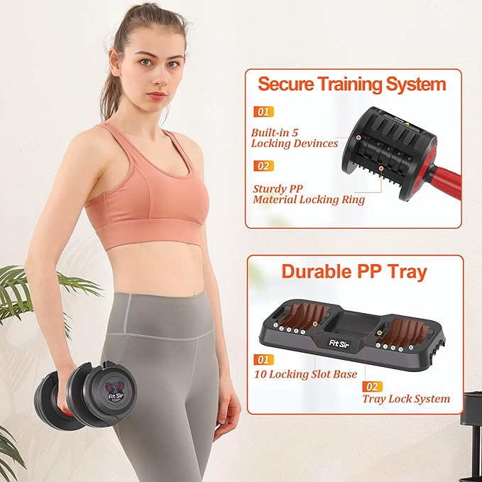 25/55LB Adjustable Dumbbell Set,10 in 1 Free Weights Dumbbell with Anti-Slip Texture Handle,1 Sec Speed Adjustment Men/Women Gym and Home Strength Training Equipment.
