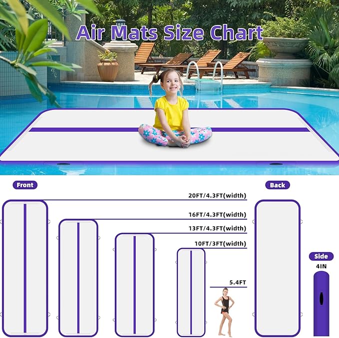 10ft 13ft 16ft 20ft Inflatable Air Gymnastics Mat Track Tumbling Mats with Electric Air Pump 4 Inches Thich for Home Use/Training/Yoga/Outdoor/Water