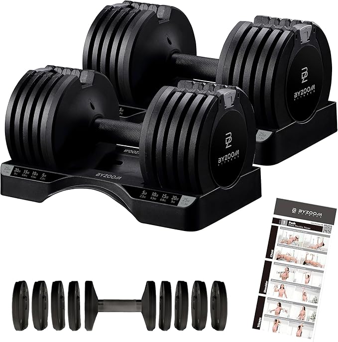 BYZOOM FITNESS Adjustable Dumbbell – 12.5/25lb Single Unit OR Set of 2 – 5-in-1 Adjustable Weight for Home Gym, Strength Training & Fitness Workouts, White OR Black