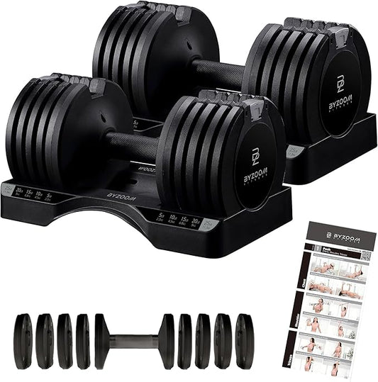 BYZOOM FITNESS Adjustable Dumbbell – 12.5/25lb Single Unit OR Set of 2 – 5-in-1 Adjustable Weight for Home Gym, Strength Training & Fitness Workouts, White OR Black
