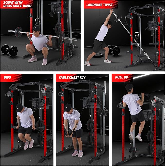 Power Cage, Multi-Function Squat Rack with Dual Independent Pulley System, 2000 LB Capacity Workout Cage with Adjustable Cable Crossover System and Training Attachment for Home Gym