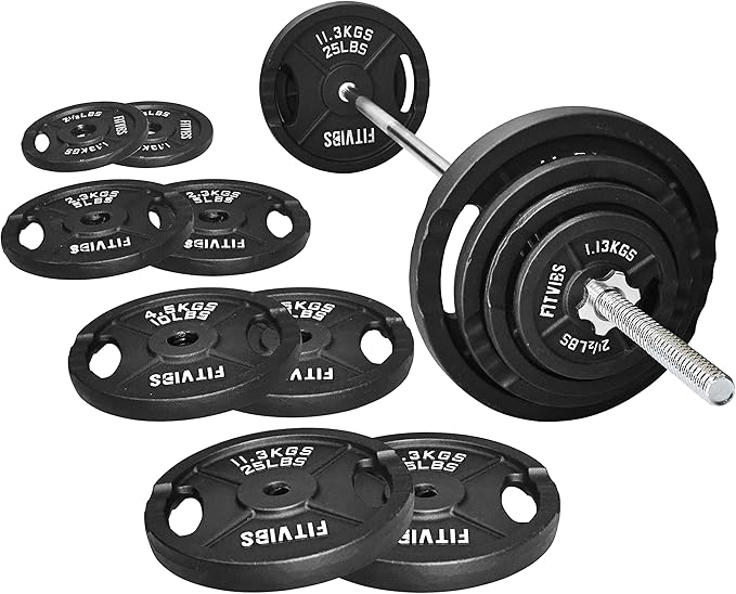 Fitvids Barbell Weight Set, Cast Iron 1" Standard Weight Plates Including 5FT Standard Barbell Bar & Star Locks, 95 Pounds Set (85 Lbs Plates + 10 Lbs Barbell Bar), Multiple Packages