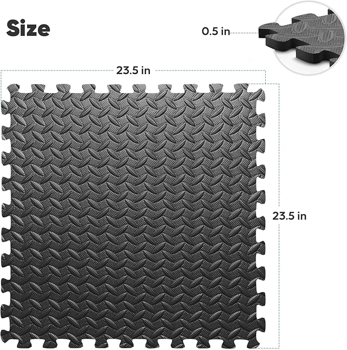 Home Gym Mat, Puzzle Exercise Mat, EVA Interlocking Foam Floor Tiles for Home Workout Equipment and Kids' Play Areas - Black, 24 in x 24 in x ½ in - 12 Tiles (Black, 12 Pack, 48 SQ FT)