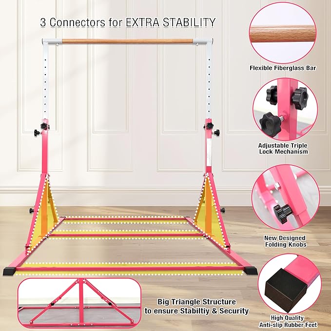 PreGymnastic Foldable Gymnastics Bar, 5.6FT Folding Horizontal Bars for Kids Ages 3-12, Weight Limit 350 LBS, Adjustable kip Bar, Children Home Gym Equipment Indoor