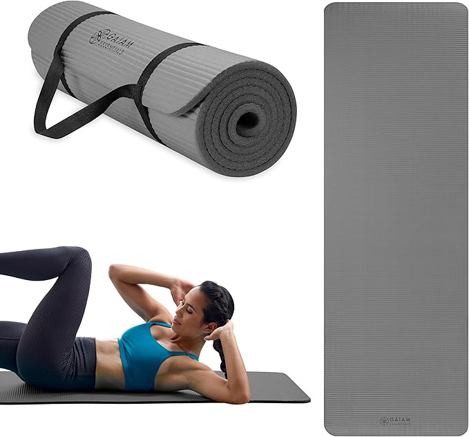 Gaiam Essentials 2/5" Thick (10mm) Yoga & Pilates, Fitness & Exercise Mat with Easy-Cinch Carrier Strap Cushion Support For Fitness and Gym Workouts
