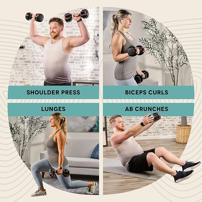 Lifepro Adjustable Dumbbells Set - 5in1-15lb 25lb 43lb 55lb weights Set & Single with Rack - Quick Adjust, Secure Grip - Compact Hand Weights for Men Women Home Gym
