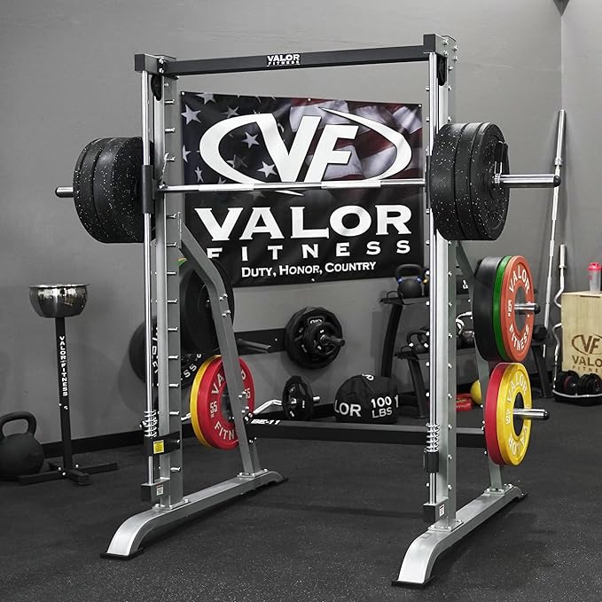 Valor Fitness Smith Machine Multi-Function Power Rack - 500lb Squat Rack or Bench Press Station - 2" Plate Storage Pegs- Attached Sliding Knurled Barbell - Home Gym