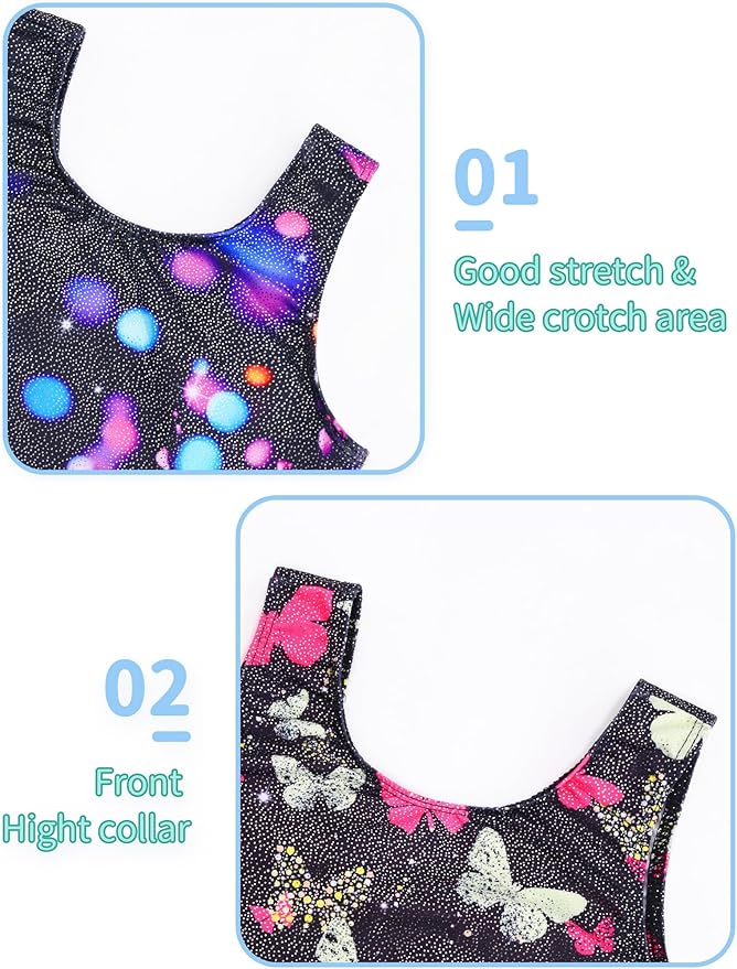 Nymphperi 2 Packs Gymnastics Leotard for Girls Sparkle Biketards with Shorts Kids Sleeveless Unitard One-Piece Dancewear