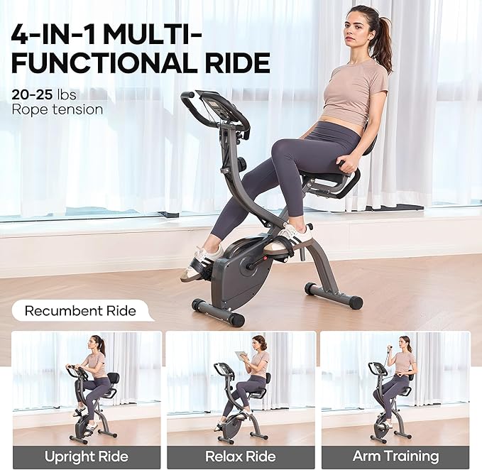 Exercise Bike Stationary Bikes for Home Recumbent Exercise Bike Folding with 10-Level Adjustable Resistance LCD Monitor Pulse Sensor Support Back Pad and Tablet Holder Arm Resistance Band 265LBS Weight Capacity for Home Workout