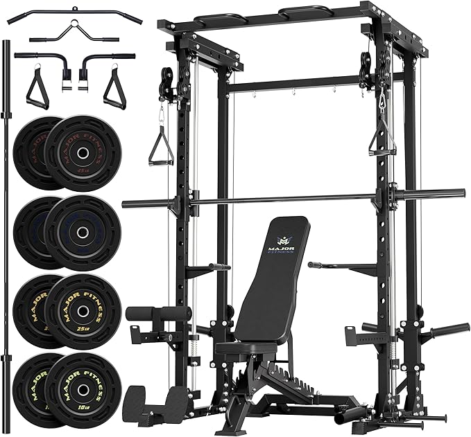 MAJOR FITNESS Drone3 Smith Machine, 2500lbs All-in-One Home Gym Power Rack with Dual Pulley System for Cable Crossover, Pull-Up Bars