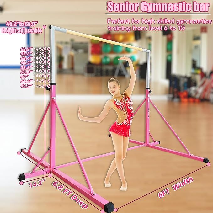 Gymnastics Bar for Kids Adults Ages 5-25,6FT Width ,7.2 FT Base Length ,Gymnastic Horizontal bar,Kip bar For Real Gymnastics,Height Adjustable 49.2" to 68.9",Competition Gymnastics Equipment For Home Gym 500LB Capacity