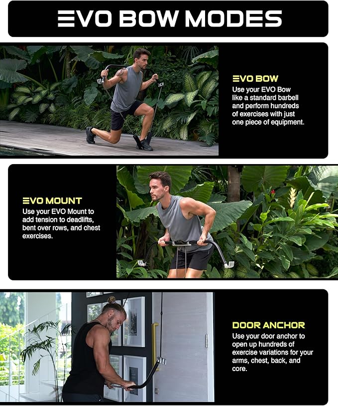 EVO Bow - All in One Portable Home Gym System with Ultra Weighted Push Up Board | Compact Strength Training and Exercise Equipment for Travel, Notched Resistance Bands for Full Body Training | 300lbs